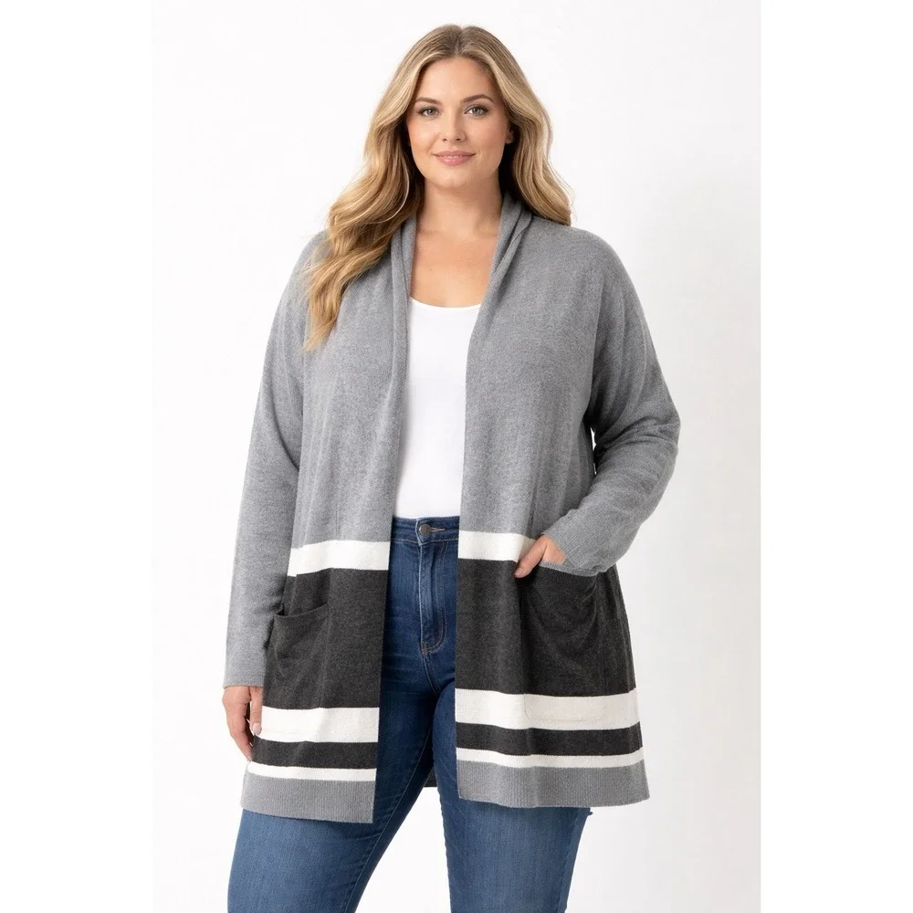 Loft Women's XL Colorblock Striped Front Pockets Nylon Wool Blend Open‎ cardigan